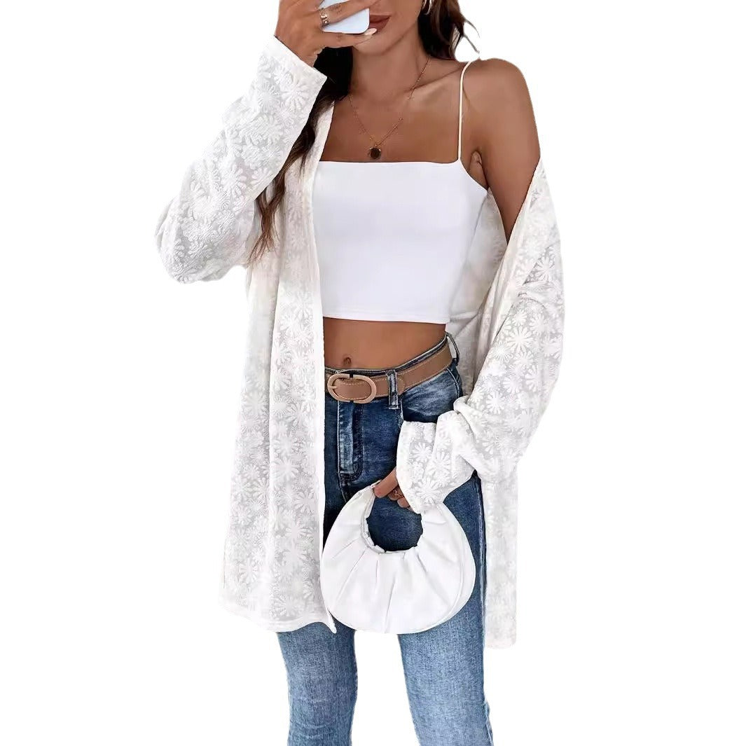 Damen nan fein bestickter Langcardigan aus semi-transparenter Spitze mit floralem Strukturrelief Drune