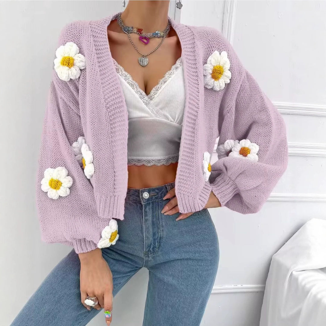 Damen Kurzgeschnittener Grobstrick-Cardigan mit 3D-Blütenapplikationen Drune