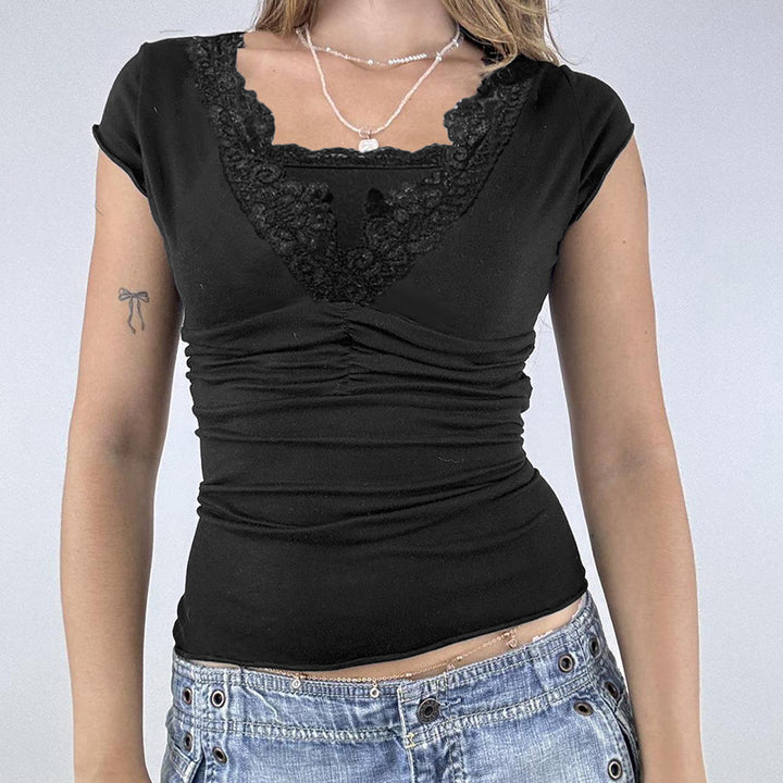 Damen elegantes Spitzenoberteil mit ruched Design und V-Ausschnitt Drune