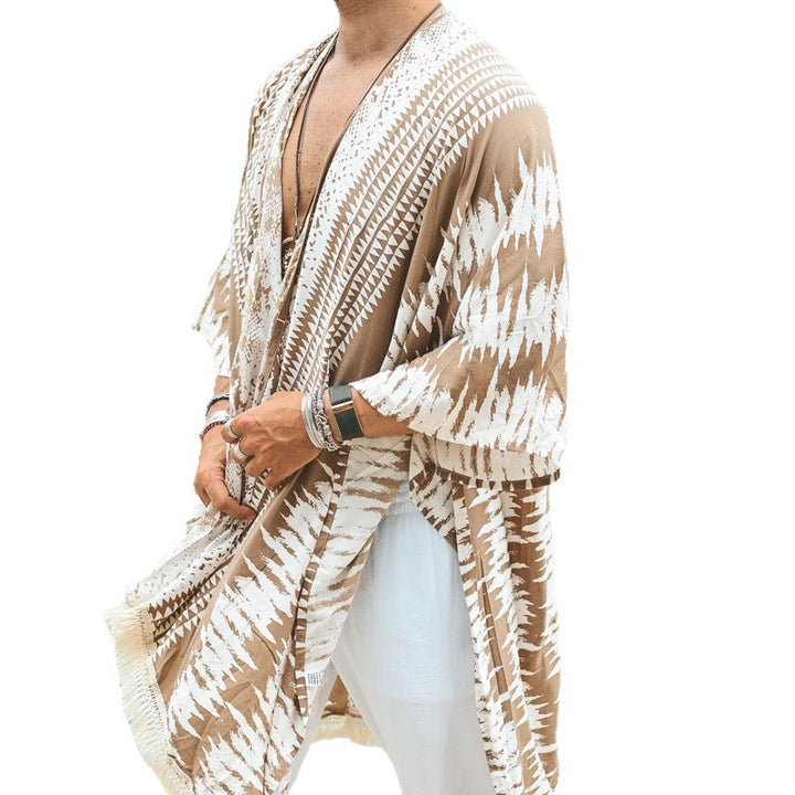Herren Leichter Ethno-Strandkaftan mit V-Ausschnitt und Fransen Drune