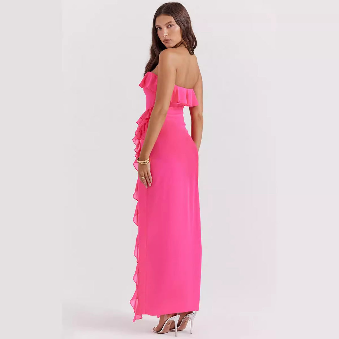 Damen Off-Shoulder Maxikleid mit Rüschen und Schlitz Drune