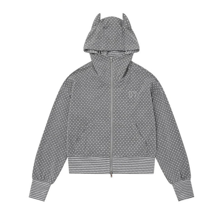 Damen Kapuzen‑Sweatjacke mit Reißverschluss, Ohr‑Applikation und Allover‑Pünktchen Drune
