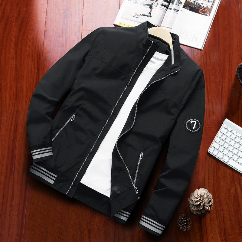 Herren Leichter Windbreaker-Blouson mit Stehkragen, Reißverschlusstaschen und gestreiften Rippbündchen Drune