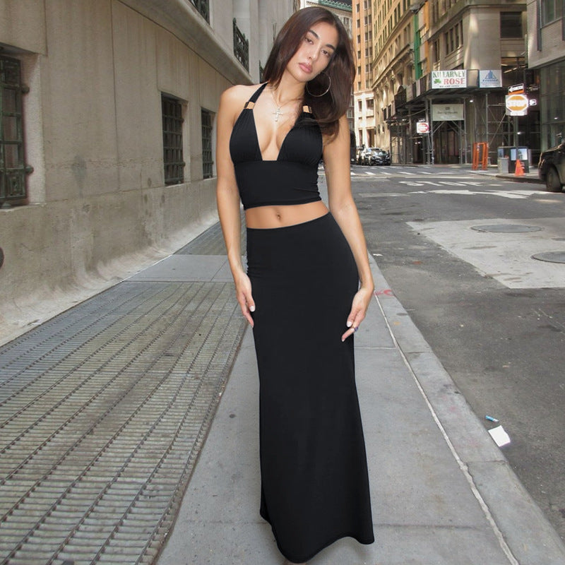 Damen Elegantes Zwei-Teiliges Set aus Crop-Top und Maxirock Drune