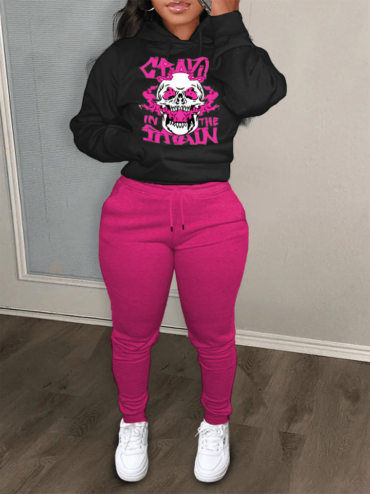 Damen bequeme Hoodie und Jogginghose Set mit kreativem Druck Drune