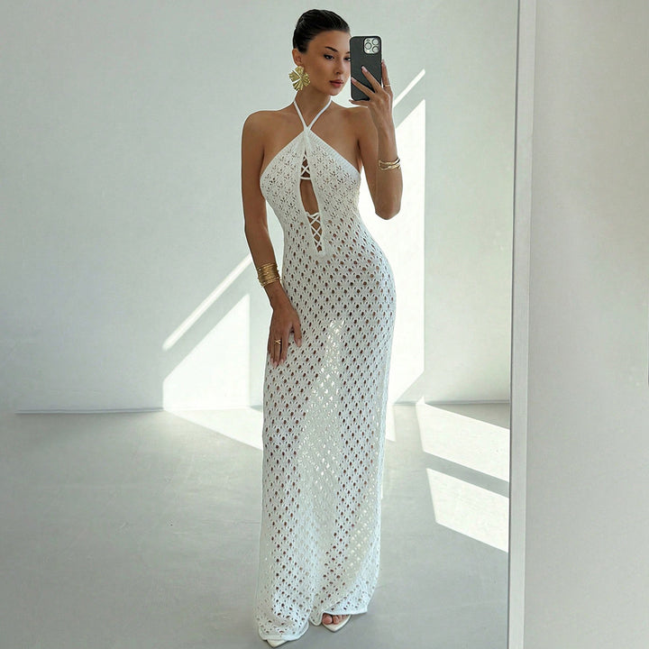 Damen Häkel-Maxikleid mit tiefer Ausschnitt Drune