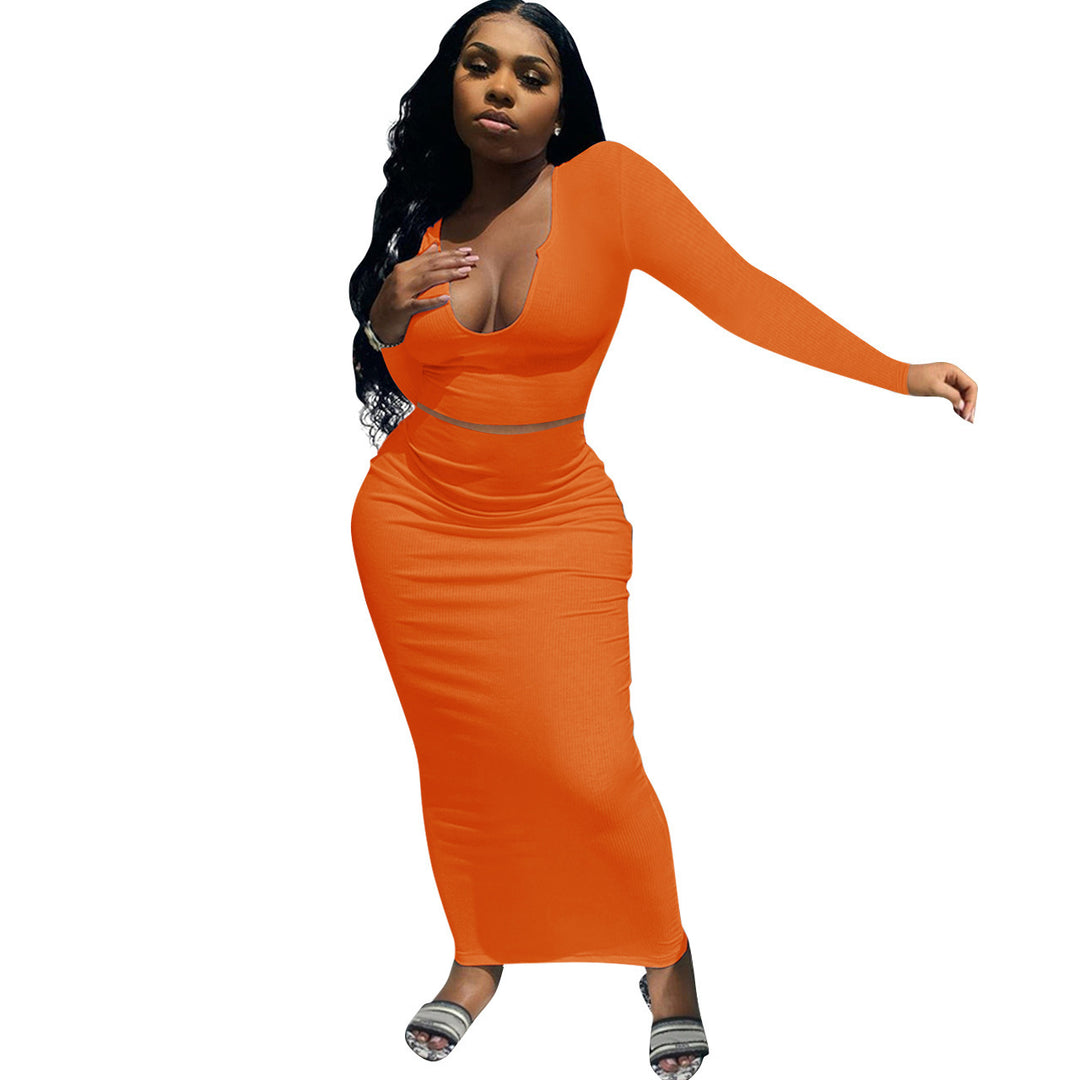 Damen Figurbetontes Maxikleid mit langem Arm und tiefem V-Ausschnitt Drune