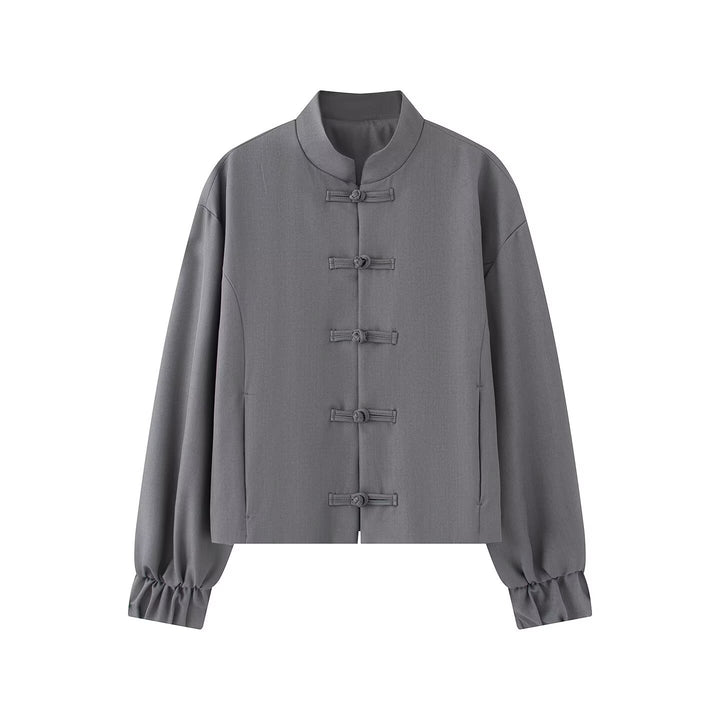 Damen Kurze Boxy‑Jacke mit Stehkragen und Knotenverschluss-Details Drune