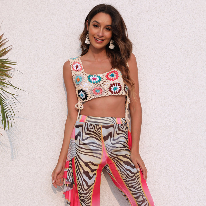 Damen gehäkeltes Crop-Top mit bunten Blumenmotiven Drune