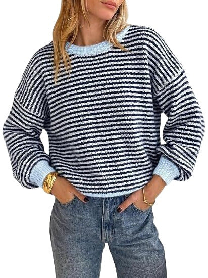 Damen Gestreifter Rippstrick-Pullover mit Kontrast-Bündchen Drune
