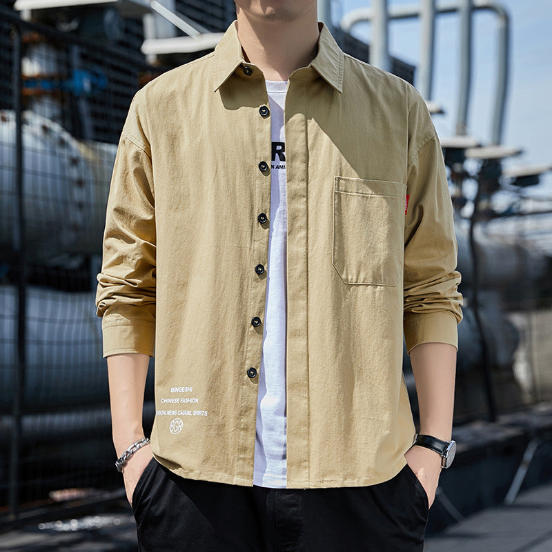 Herren Oversized-Hemdjacke im Casual-Worker-Stil mit Brusttasche und durchgehender Knopfleiste Drune