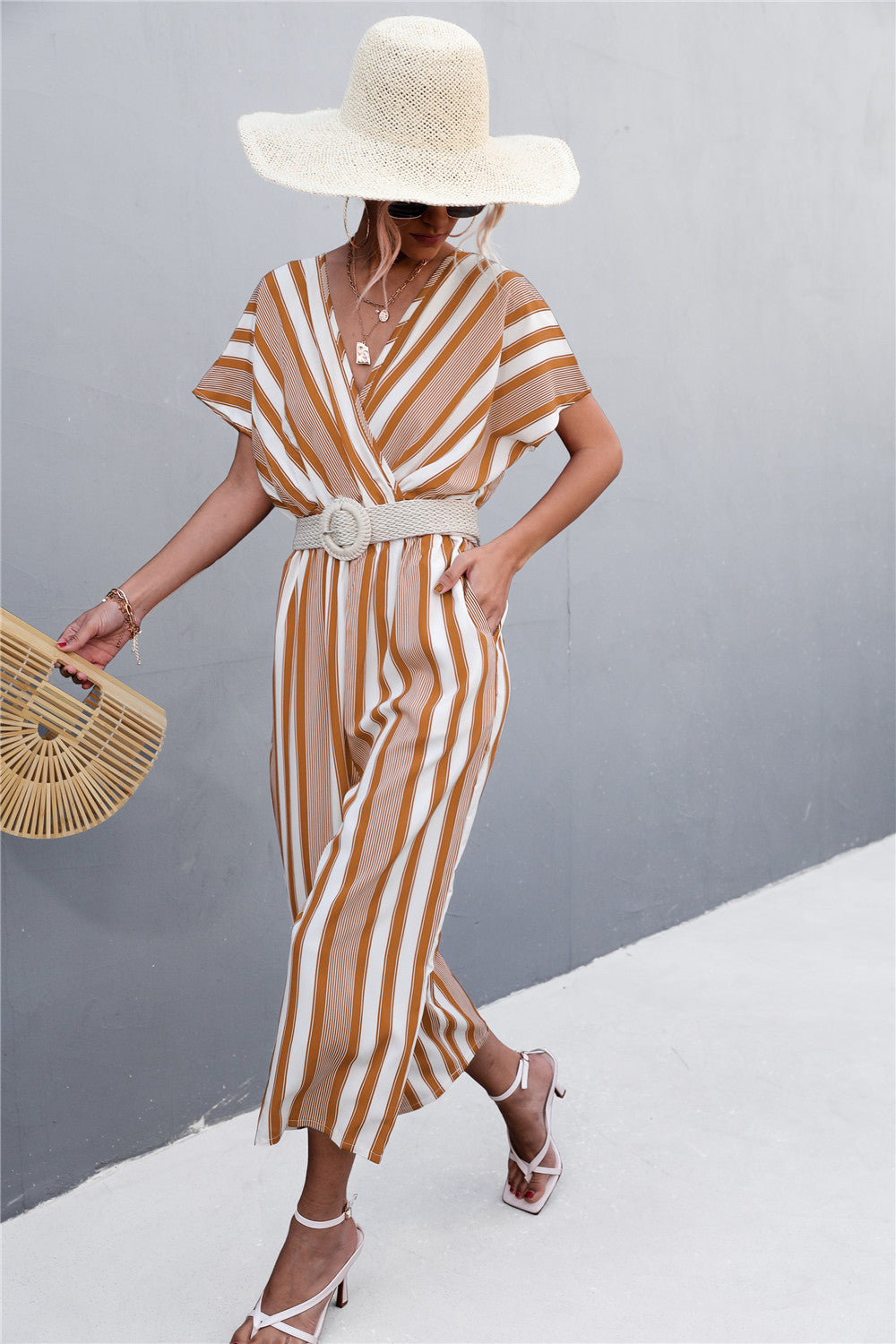 Damen eleganter Jumpsuit mit V-Ausschnitt, breiten Ärmeln und anisstreifendem Design Drune