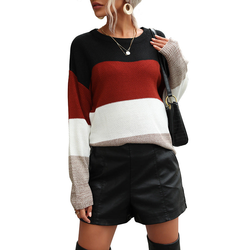 Damen Oversize-Feinstrick-Pullover mit Blockstreifen und Rundhalsausschnitt Drune