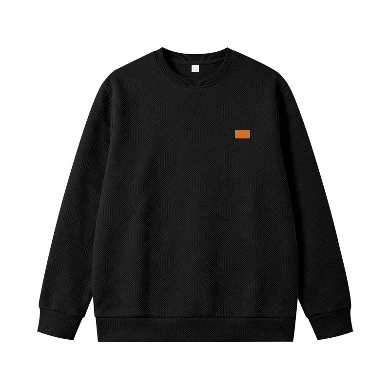 Unisex Texturierter Baumwoll-Crewneck-Sweatshirt mit Rautenstruktur und Lederpatch Drune