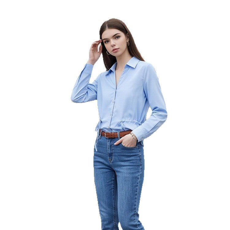 Damen Leichte Hemdbluse mit Tunnelzug-Bund und klassischem Hemdkragen Drune