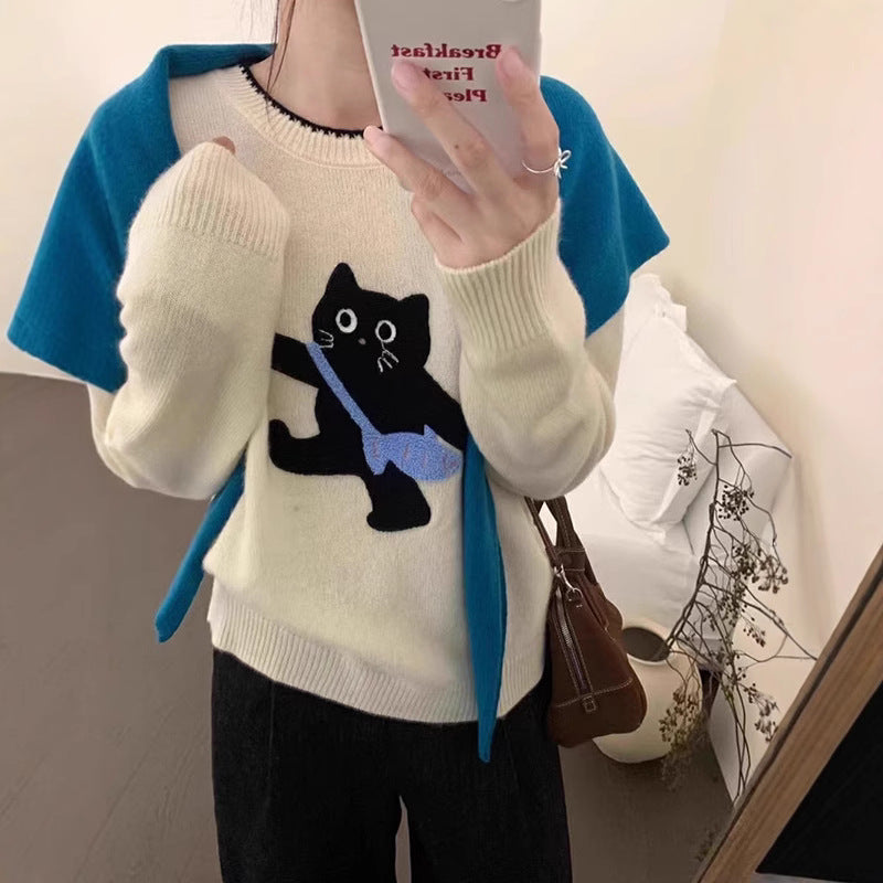 Damen kuscheliger Pullover mit Katzenmotiv Drune