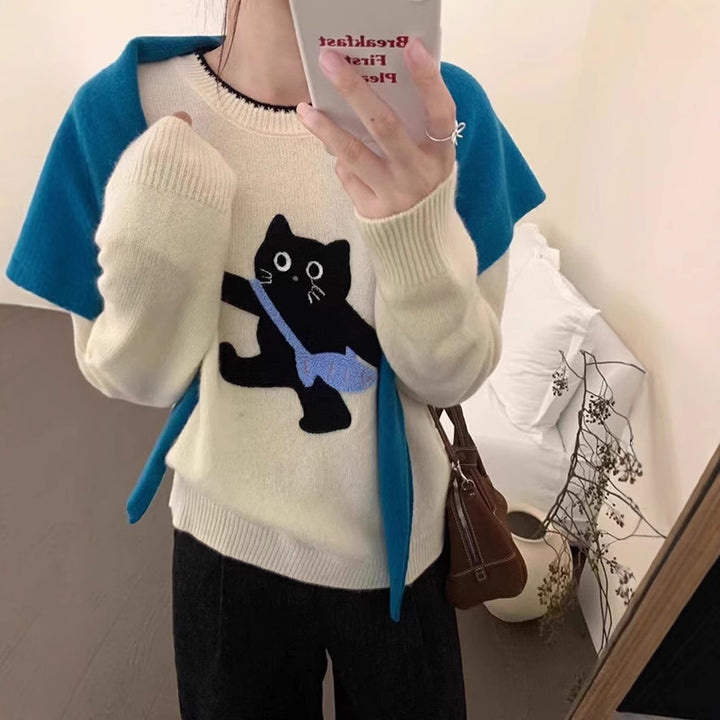 Damen kuscheliger Pullover mit Katzenmotiv Drune
