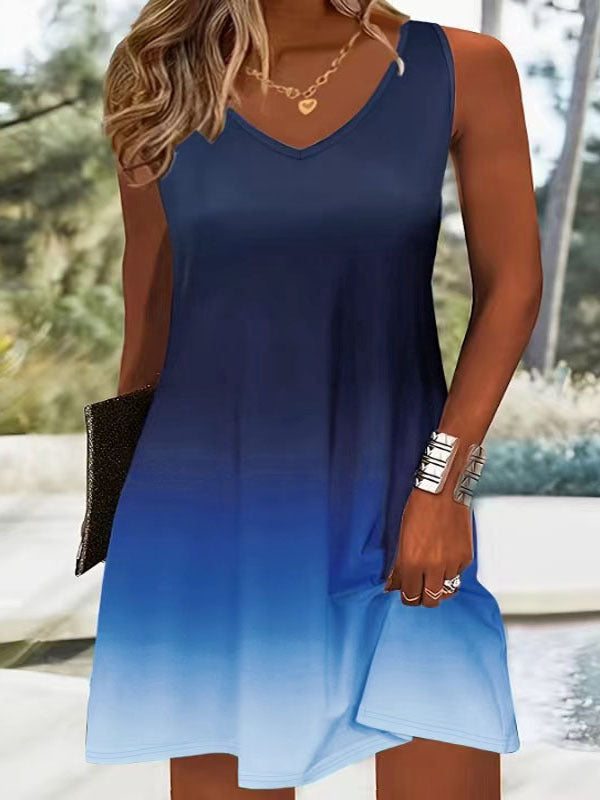 Damen V-Ausschnitt Sommerkleid mit lebhaftem Farbverlauf und leichtem, atmungsaktivem Stoff Drune