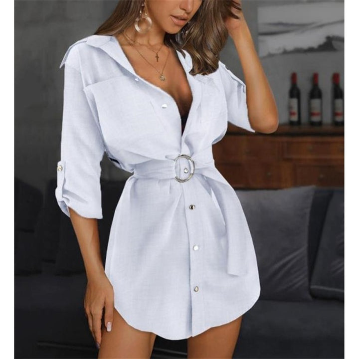 Damen Kurzarm Hemdblusenkleid mit Gürtel und Knopfleiste Drune