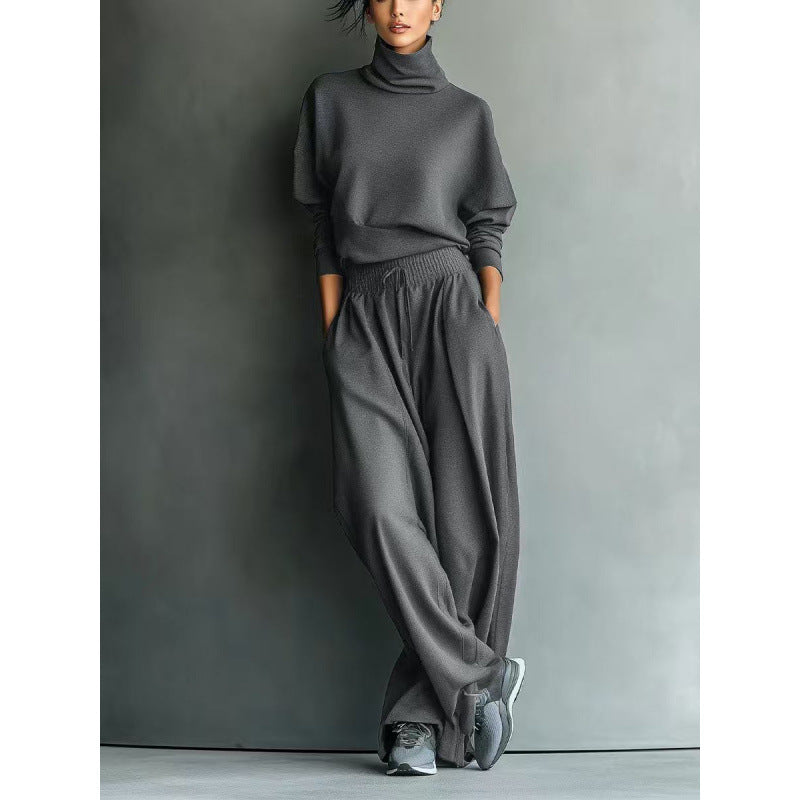 Damen Strick-Loungewear-Set mit Rollkragen und weiten Palazzo-Hosen Drune