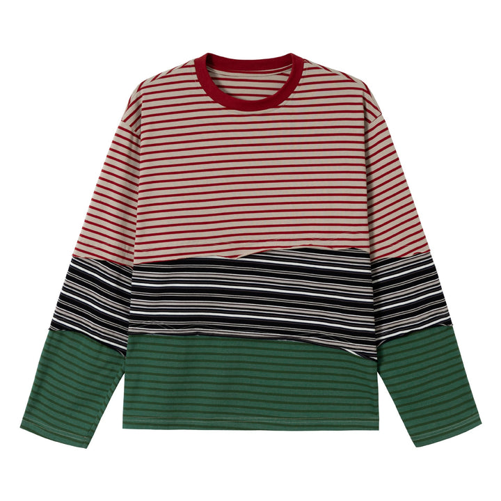 Damen Gestreiftes Langarm-Cropped-Shirt mit Colorblock und Rundhalsausschnitt Drune