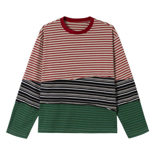 Damen Gestreiftes Langarm-Cropped-Shirt mit Colorblock und Rundhalsausschnitt Drune
