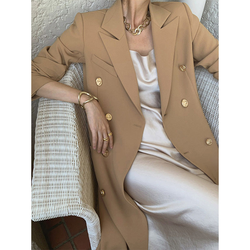 Damen Taillierter Doppelreihiger Longblazer mit Gürtel und Zierknöpfen Drune