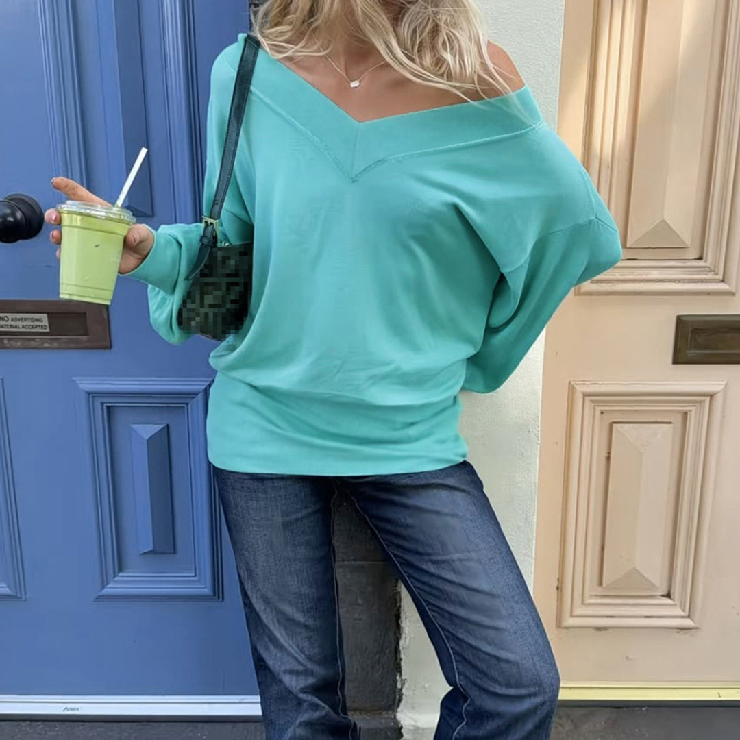 Damen Oversized Sweatshirt mit V-Ausschnitt und Ballonärmeln Drune