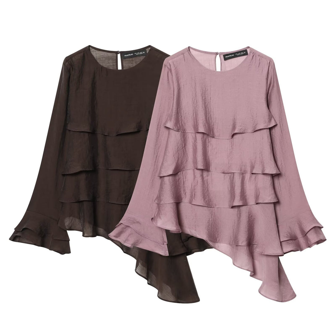 Damen 50+ mehrlagige Volant‑Bluse mit asymmetrischem Saum und Glockenärmeln Drune