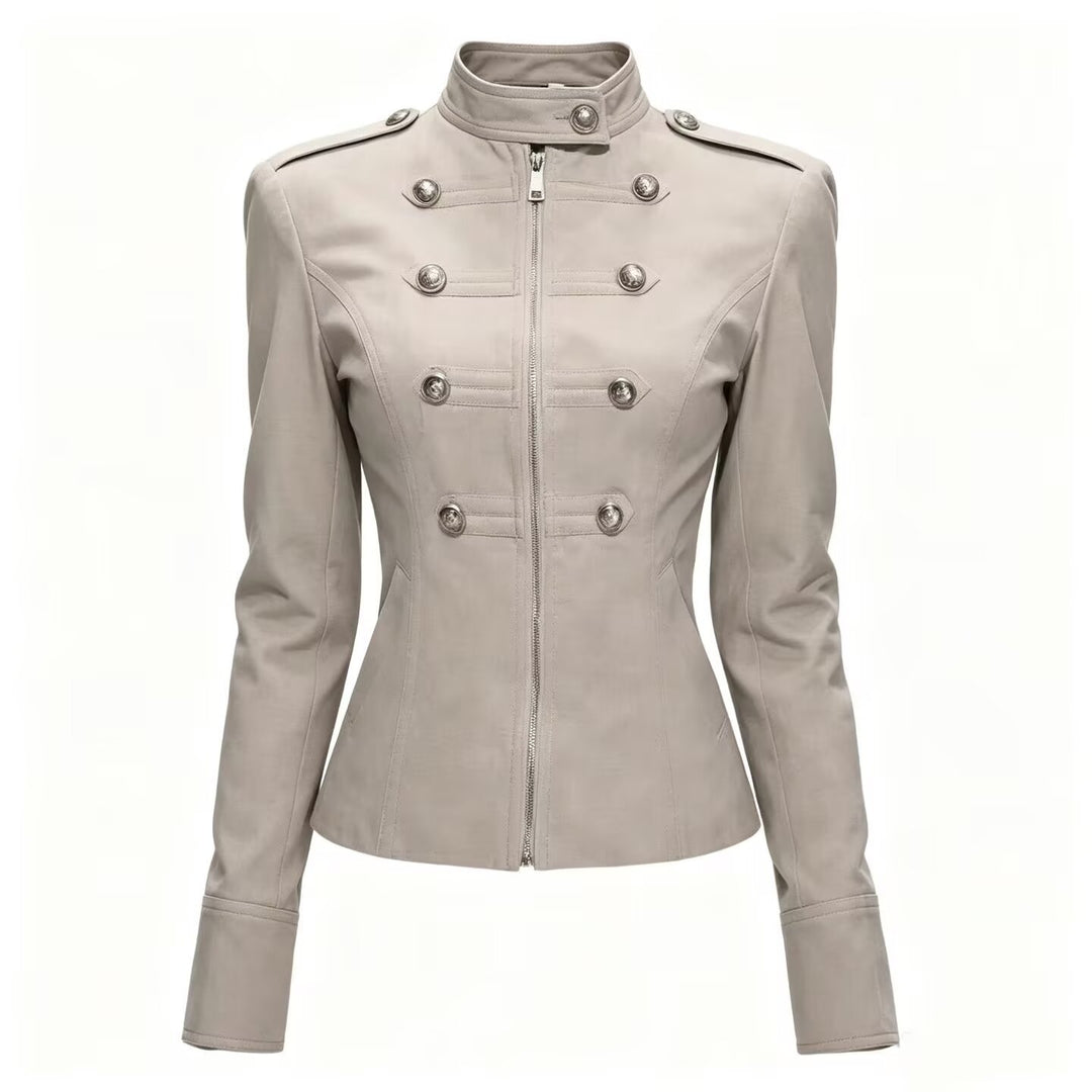 Damen Taillierte Military‑Inspired Jacke mit Stehkragen, Zierknopfreihe und Reißverschluss Drune