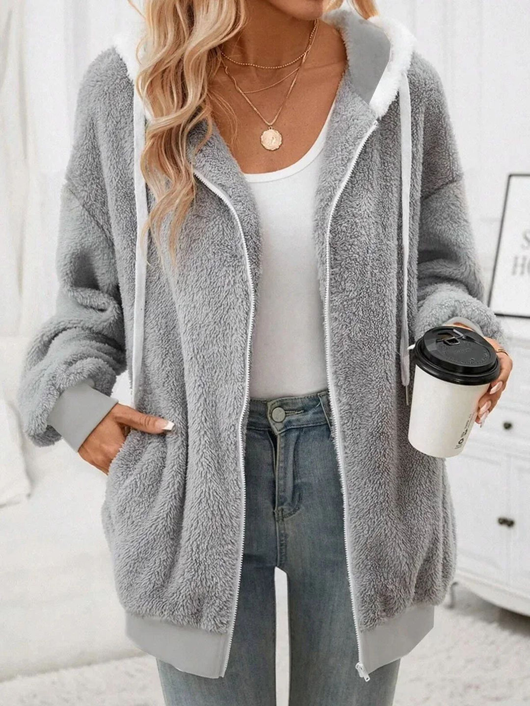 Damen Kuschelige Teddy-Fleece-Kapuzenjacke mit Reißverschluss und Oversized-Schnitt Drune