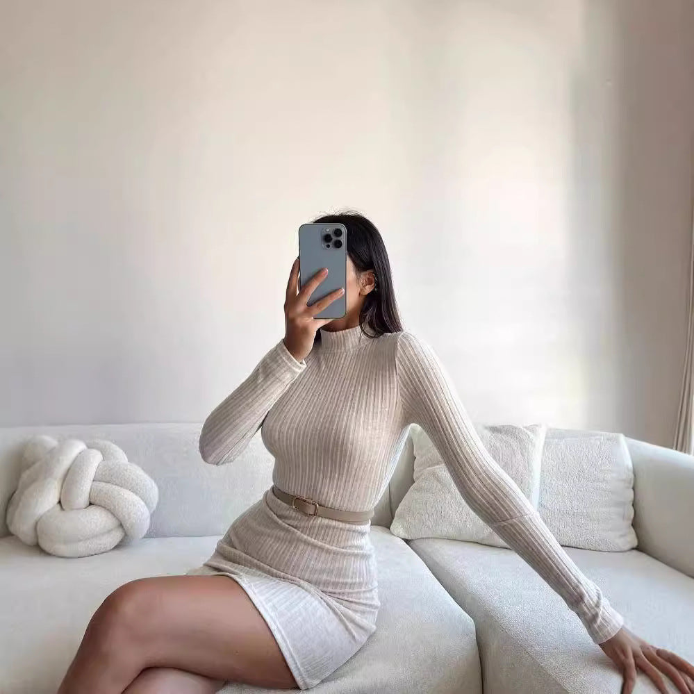 Damen Enganliegendes Rippstrick-Minikleid mit Rollkragen und langen Ärmeln Drune