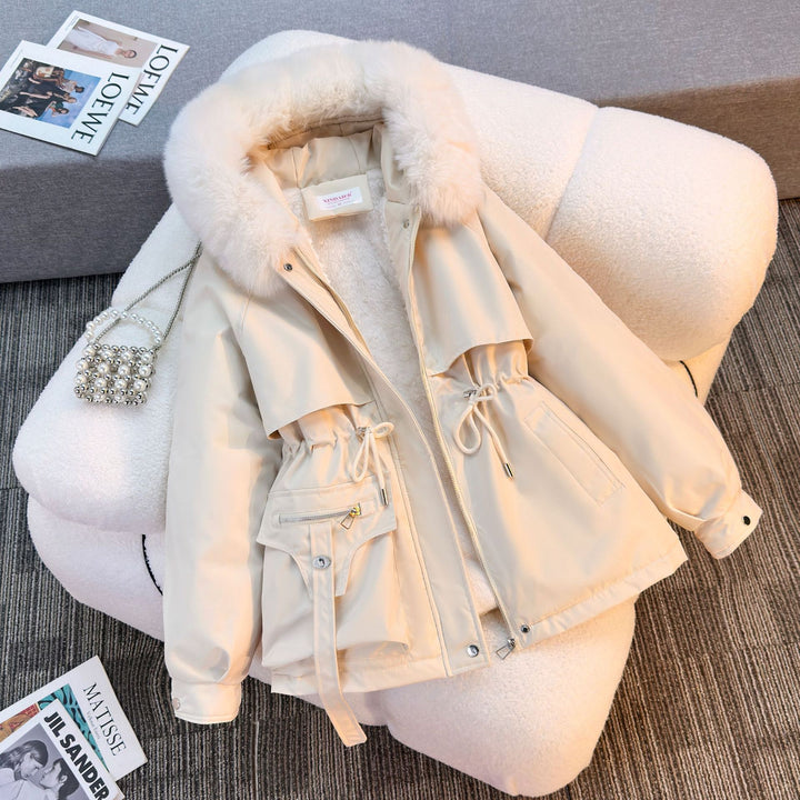 Damen nan kurze gefütterte Parka mit Kunstpelzkragen Teddyfutter Taillenzug und Multifunktions-Taschen Drune