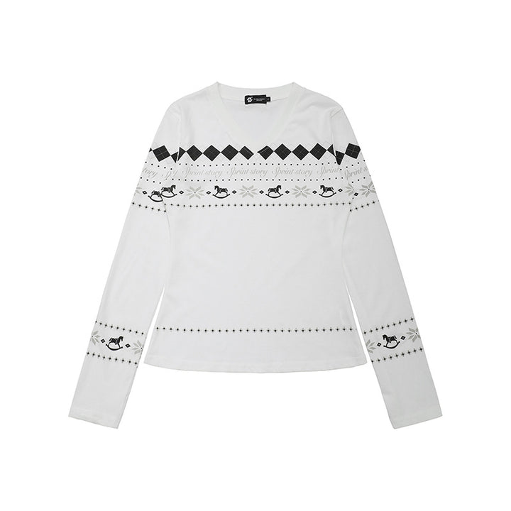 Damen Langarmshirt mit V-Ausschnitt und skandinavischem Norwegerprint aus Baumwollmix Drune