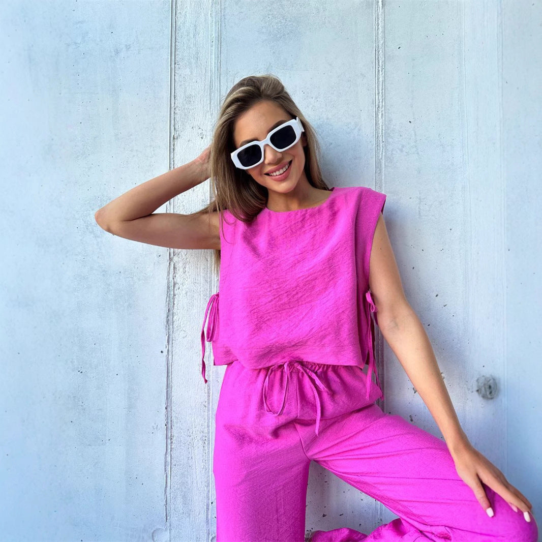 Damen weitbeiniger Jumpsuit mit geschichtetem Oberteil und Kordelzug Drune