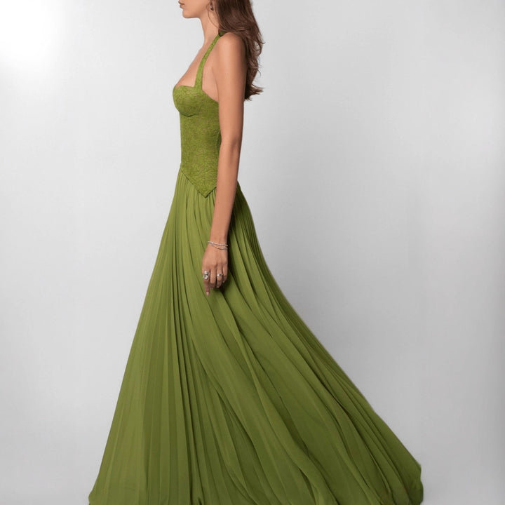 Damen nan Neckholder-Korsettkleid mit Spitzen-Corsage und fließendem Plisseerock Drune