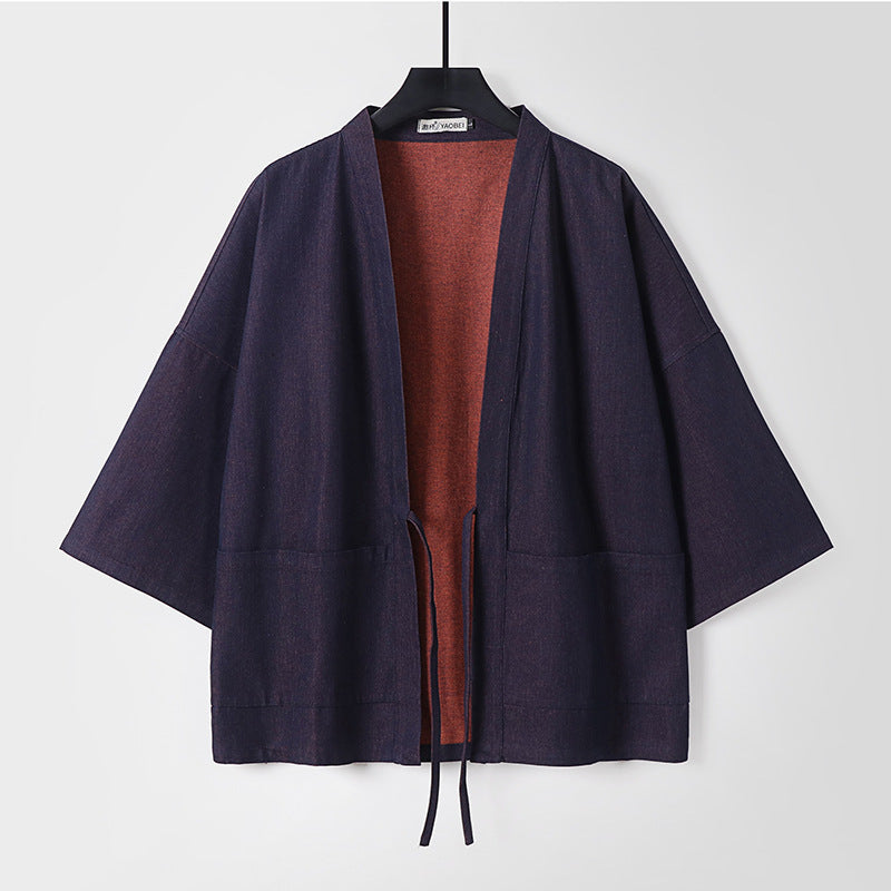 Unisex Leichte Denim-Kimono-Jacke mit kontrastfutter und Bindeband Drune