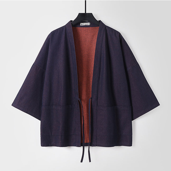 Unisex Leichte Denim-Kimono-Jacke mit kontrastfutter und Bindeband Drune