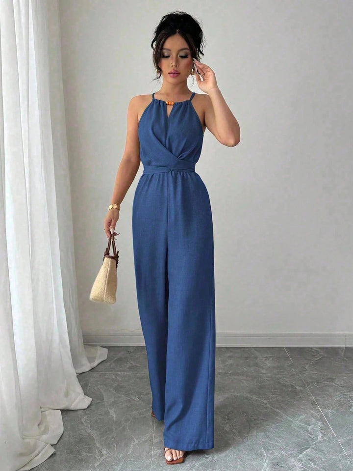 Damen Ärmelloser Neckholder-Jumpsuit mit Wickeloberteil und weitem Bein Drune