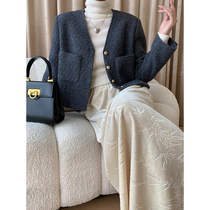 Damen modische Bouclé-Jacke mit Knopfdetails Drune