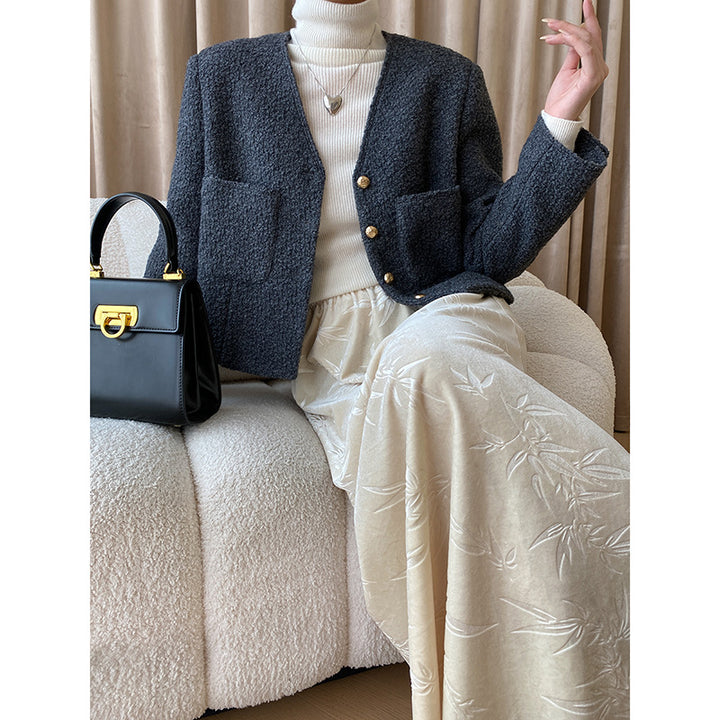 Damen modische Bouclé-Jacke mit Knopfdetails Drune