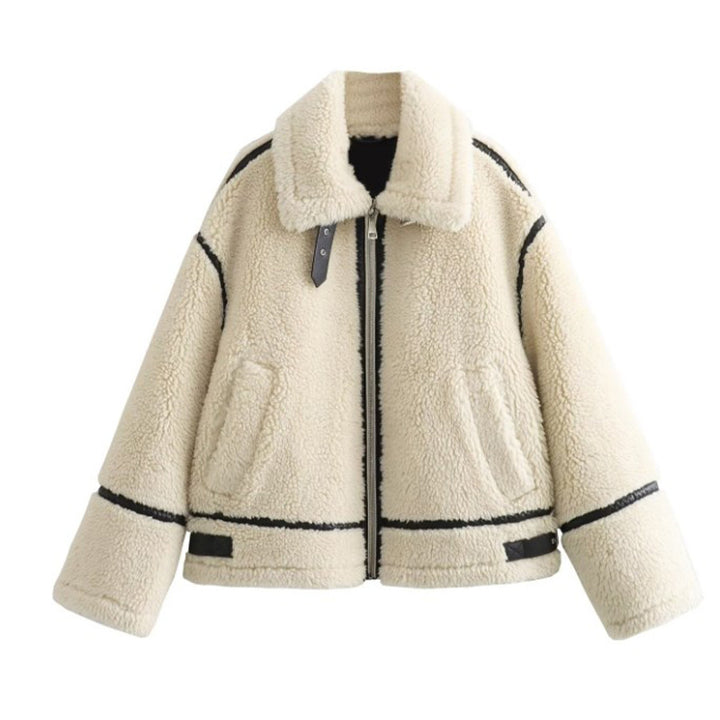 Damen gemütliche Teddy-Fleecejacke mit schickem Kragen Drune