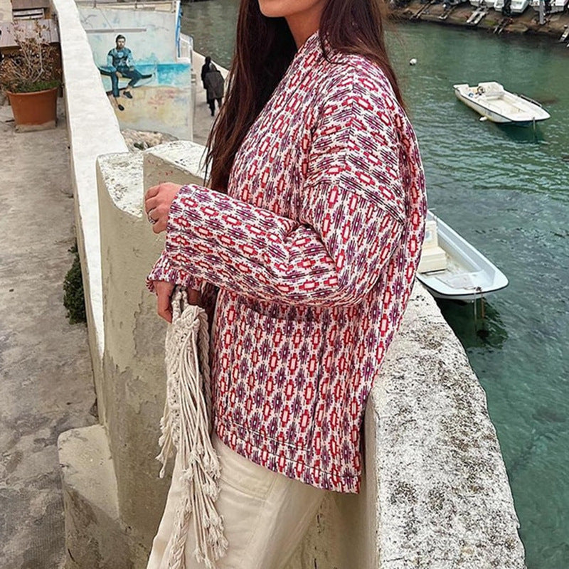 Damen Gemusterte Kimono-Steppjacke mit offener Front und aufgesetzten Taschen Drune