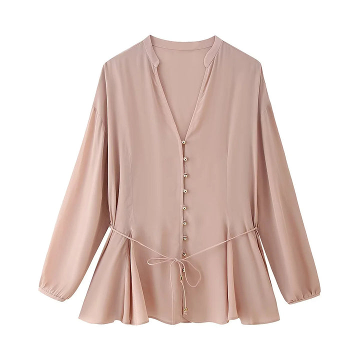 Damen nan elegante Bluse mit Perlenknopfleiste, Taillenzug und leichtem Schößchen Drune