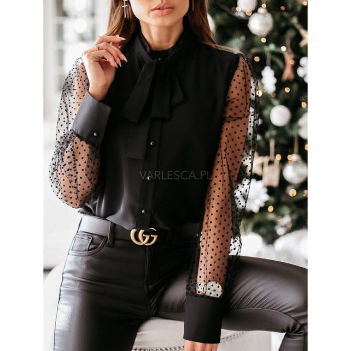Damen Bluse mit transparenten Puffärmeln und filigranem Schleifen-Detail Drune