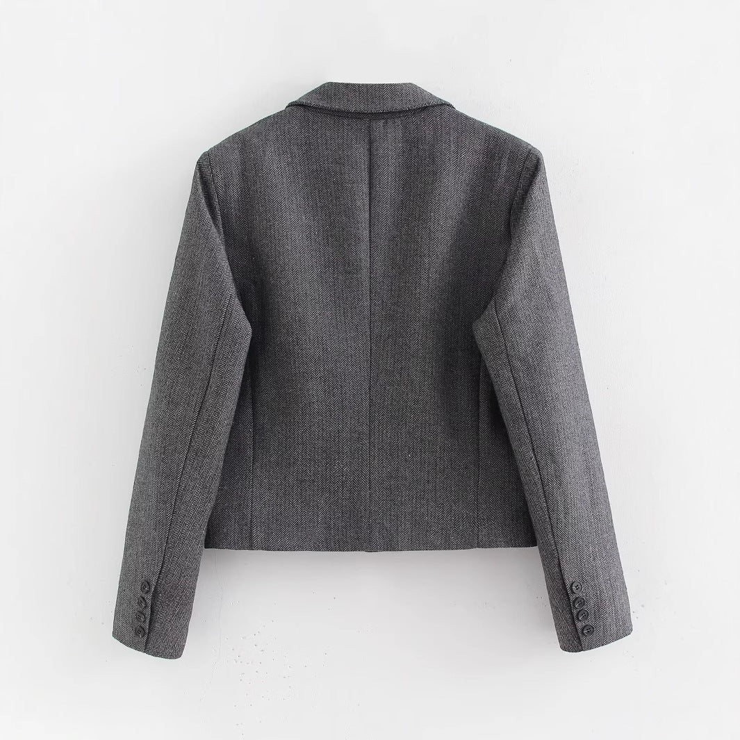 Damen Kurzgeschnittener doppelreihiger Blazer im Fischgrätmuster Drune