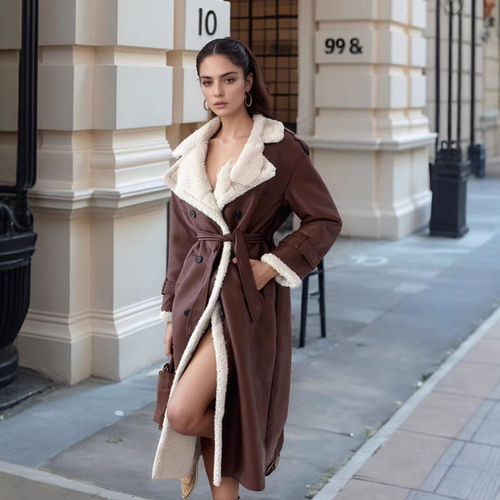 Damen Langer Mantel im Trenchstil mit Teddyfutter und taillierter Silhouette Drune