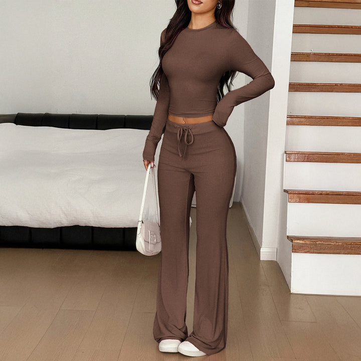 Damen lässiges Lounge-Set mit cropped langarm Oberteil und weitem Hose Drune