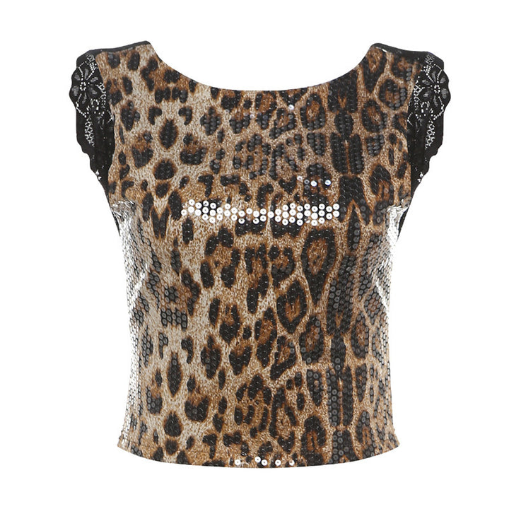 Damen Elegantes Leopardenmuster Kleid mit Glitzersteinen Drune