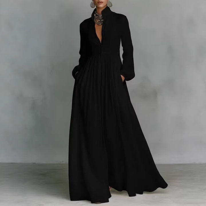Damen Maxikleid mit Stehkragen, Knopfleiste und seitlichen Taschen Drune